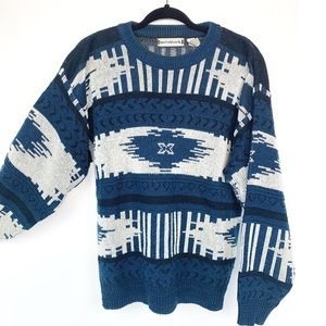 Vtg Chunky Knit Aztec Grandpa Sweater Oversized L